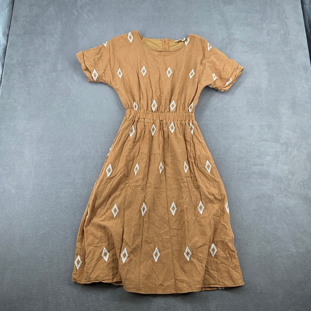 Roolee Womens XXS Brown Embroidered Diamond Midi Dress Short Sleeve Boho Cotton